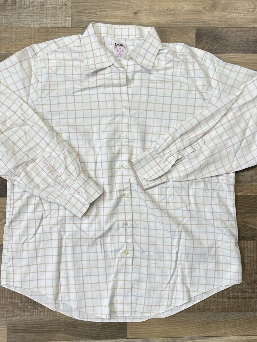 Brooks Brothers 16 Classic Fit Non-Iron Dress Shirt White Plaid Button Up Cotton